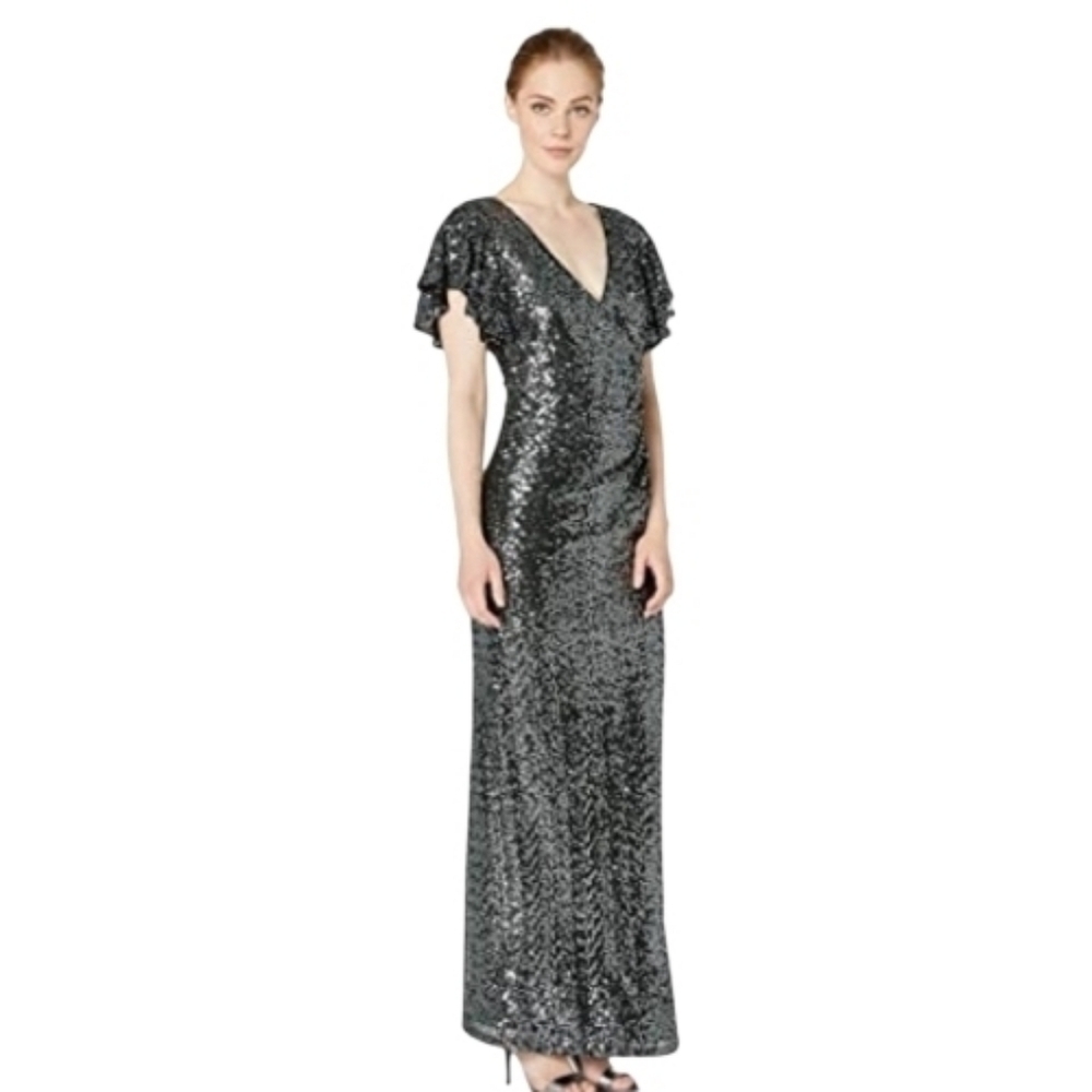 Marina Gunmetal Flutter Sleeve Sequined Formal Evening Dress, 14, Elegant, Party - Picture 4 of 14